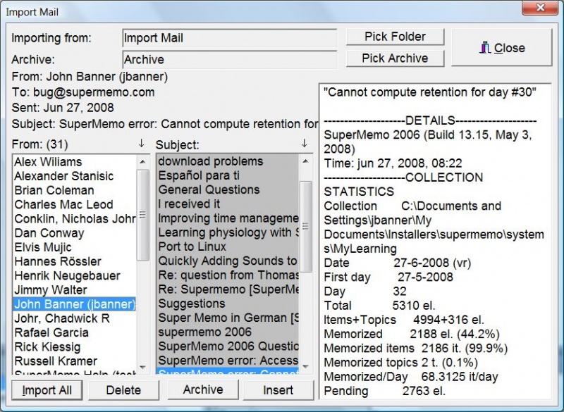 從 MS Outlook 匯入郵件到 SuperMemo 的 Import Mail 對話方塊